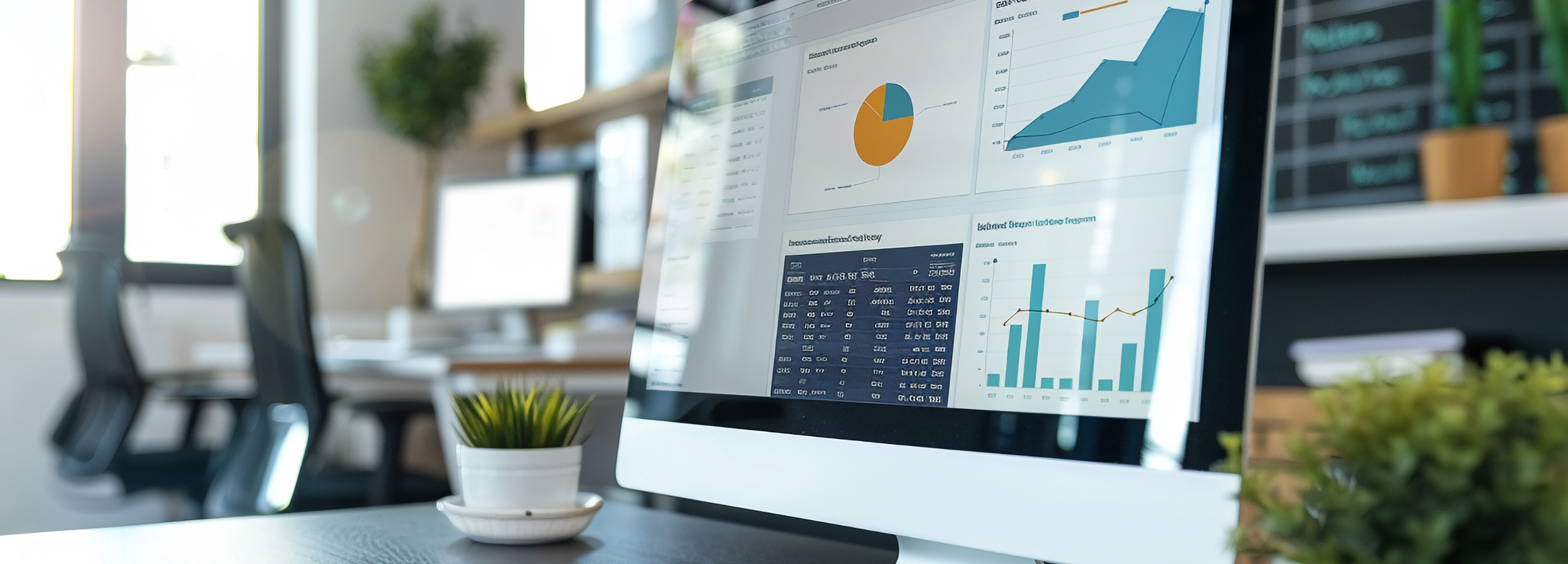 Computer monitor displaying financial charts in an office setting