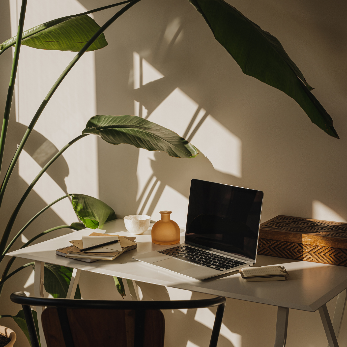 Laptop on a desk with a plant and decorative items in a bright room