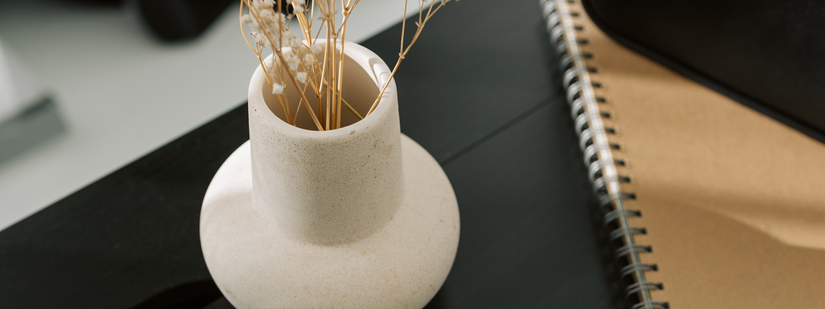White vase with dried plants on a dark surface