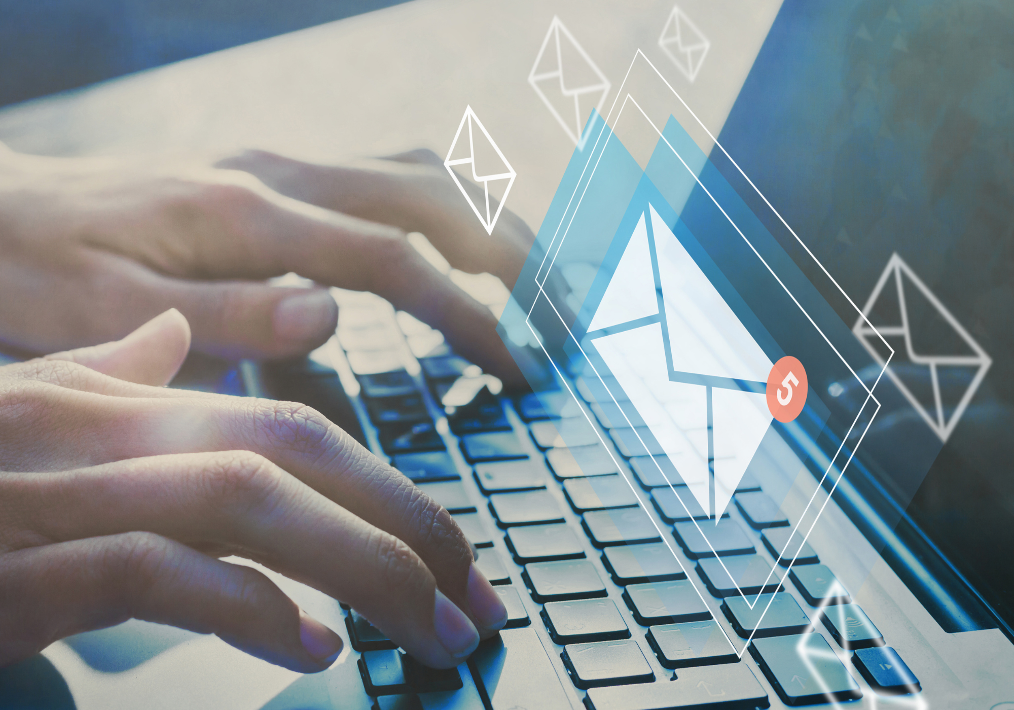 Hands typing on a laptop keyboard with digital envelopes and a dollar sign icon overlay.