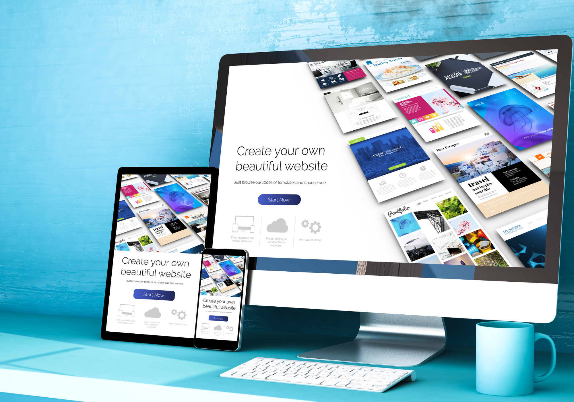 Computer monitor, smartphone, and tablet displaying website creation software on a blue background