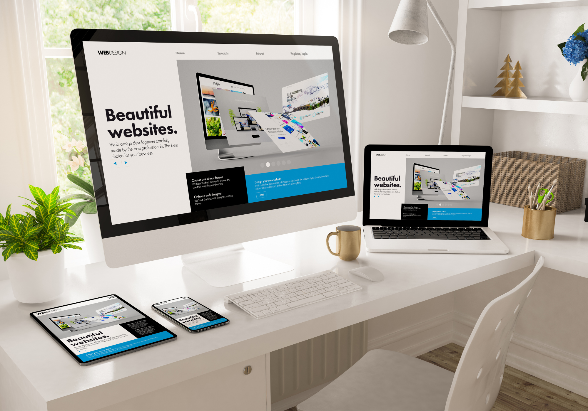 Modern office desk with computer, laptop, tablet, and smartphone displaying a website on a screen.